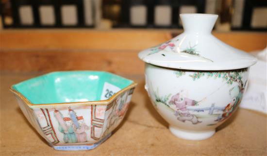 A Chinese famille rose hexagonal bowl and a covered bowl and cover